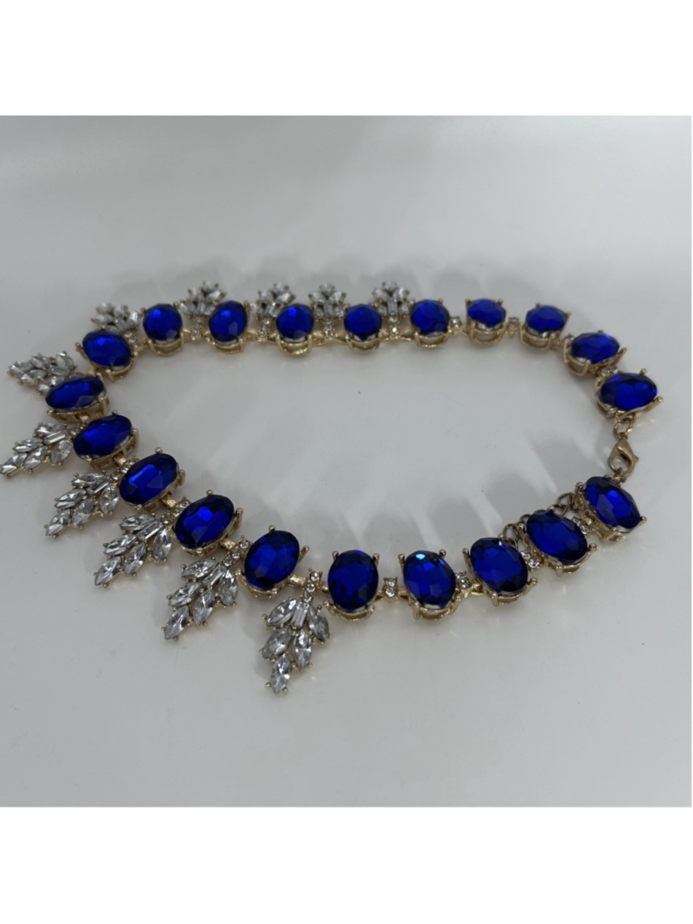 VTG Blue Rhinestone Statement Bib Necklace Gold Tone Crystal Prom Wedding Formal - Picture 9 of 12